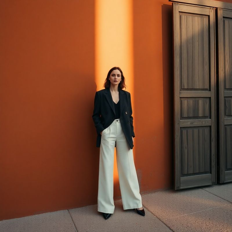 Femeie în blazer charcoal structurat și pantaloni largi ivory în fața unui zid ocru